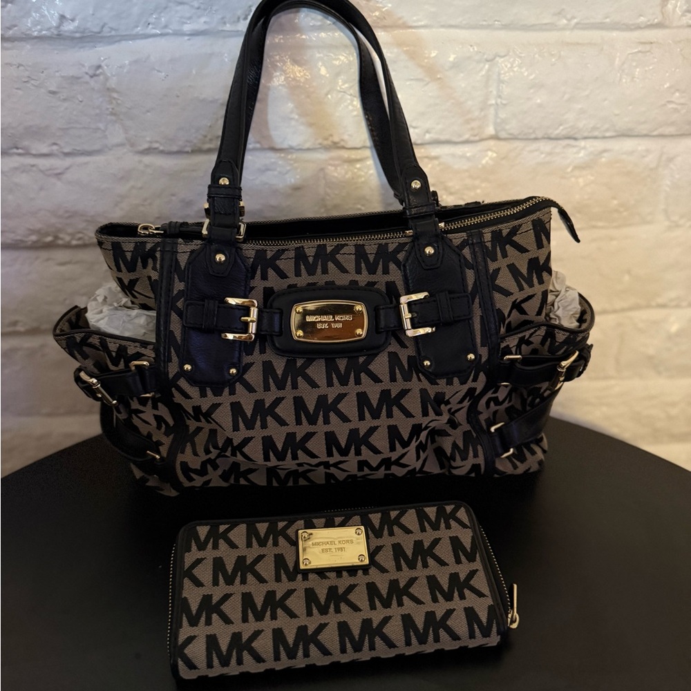 Michael Kors Black and Beige MK Logo Tote with Matching Wallet